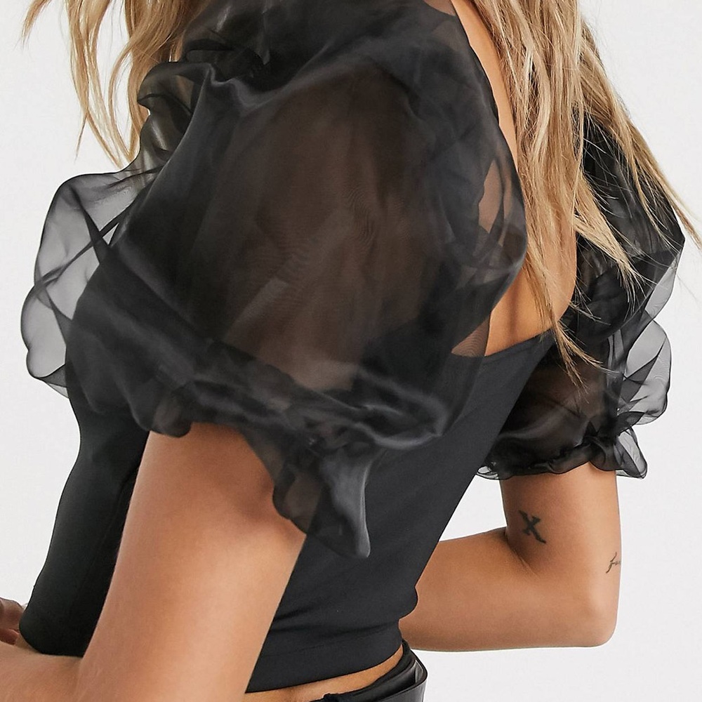 Black scuba bandeau with organza puff sleeves in black